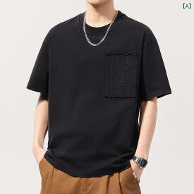 Tシャツ メンズ 夏 半袖 クルーネック 厚手 綿100% ゆったり ビッグシルエット レトロ パッチ刺繍 ウォッシュ加工 無地 普段使い ブラック