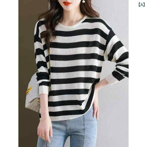 ニット レディース ピンク ボーダー柄 長袖 ゆったり ルーズフィット 薄手 ラウンドネック ミドル丈 ポリエステル 秋 通勤 オフィス カジュアル 普段使い