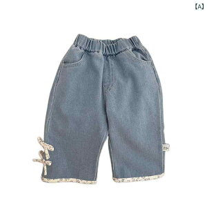 パンツ 女の子 女児 キッズ 幼児 春秋 ソフトデニム ジーンズ 綿 コットン 柔らかい ストレート ゆったり ルーズ ロングパンツ リボン かわいい おしゃれ カジュアル 普段着 通園 ウエストゴ