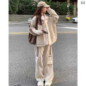 カジュアルセットアップ レディース 女性用 高級感 綿 コットン スウェット 長袖 ゆったり ワイドパンツ 上下セット 韓国ファッション 春秋 普段使い おうち時間 スポーツ 着痩せ 細見え ポケット付き ロゴプリント 切り替え