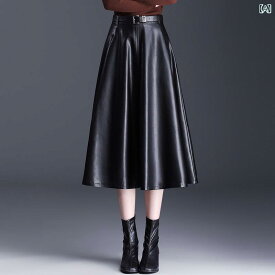 レザースカート 羊革 本革 ロング丈 ミモレ丈 Aライン フレア ハイウエスト シンプル 無地 エレガント 上品 体型カバー 伸縮性 ポケット付き 通勤 オフィス カジュアル ブラック 春秋