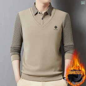 ポロシャツ メンズ 秋冬 裏起毛 厚手 一体型フリース 保温性 フェイクレイヤード ストライプ 長袖 カジュアル ビジネス 混紡素材 イージーケア 耐久性 レギュラーフィット トップス