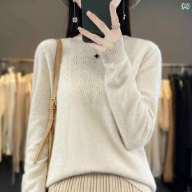 ニット レディース ラウンドネック 丸首 透かし編み 長袖 ロングスリーブ ゆったり ルーズフィット プルオーバー トップス 春夏 通勤 オフィス カジュアル きれいめ