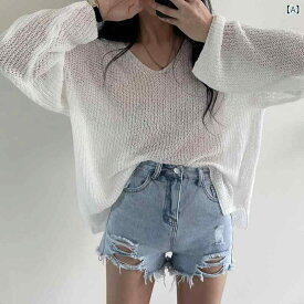 ニットカーディガン レディース Vネック シアー 透かし編み 長袖 薄手 ゆったり 欧米スタイル ポリエステル 無地 羽織り 秋 カジュアル ホワイト ベージュ