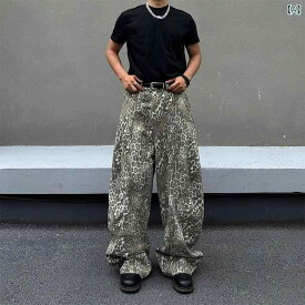 デニムパンツ メンズ 男性用 ヒョウ柄 レオパード柄 カーブシルエット バギー ワイド ルーズフィット オーバーサイズ フルレングス レトロ ヴィンテージ ストリート系 カジュアル 綿 コットン