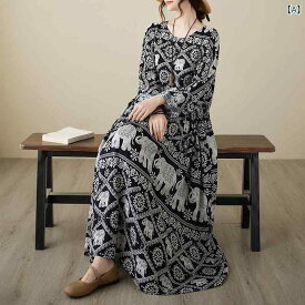 ワンピース レディース 長袖 印花 民族風 ミディ丈 ロングスカート 綿素材 ブラック ワインレッド 大きいサイズ ゆったり ルーズ 復古風 芸術的 快適 休闲 動物柄 プリーツ ラウンドネック 秋冬 大きめスカートシルエット
