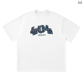 Tシャツ メンズ 短袖 夏用 綿 数字柄 格子柄 アルファベット柄 印花 ルーズフィット 丸首 香港風 レトロ 質感 白色 白グレー ブラック ネイビー 赤 黄 休闲 カジュアル トップス