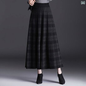スカート レディース 秋冬 Aライン 中長丈 ハイウエスト プリーツ 格子柄 厚手 ウール混紡 ポリエステル 中弾力 気質 通勤 都市 気質 グレー 赤 免燻加工 長め ハーフスカート