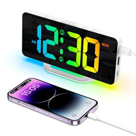 AMIR デジタルLED時計 目覚まし時計 置き時計 卓上時計 7色RGBダイナミックライト 調節可能な明るさ USB＆Type-C充電ポート 大画面 2つアラーム機能 小型ベッドサイド 電子時計 大音量 寝室用 ヘビー ホワイト