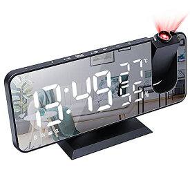 CANEOV 目覚まし時計 180°回転投影 非電波 置き時計 クリスマスプレゼント スヌーズ FMラジオ ミラー 携帯充電 おきどけい おしゃれ LEDデジタル 時計 アラームクロック 温度湿度計 カレンダー 記憶機能 USB給電式 イ