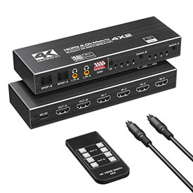 HDMIマトリックス スイッチャー 4入力2出力,HDMI切替器 4K@60Hz 3D 対応 HDMI光デジタル&オーディオ分離 EDID抽出器 4K HDR、HDMI 2.0b、HDCP2.2をサポート 手動操作・IRリモートコントロー