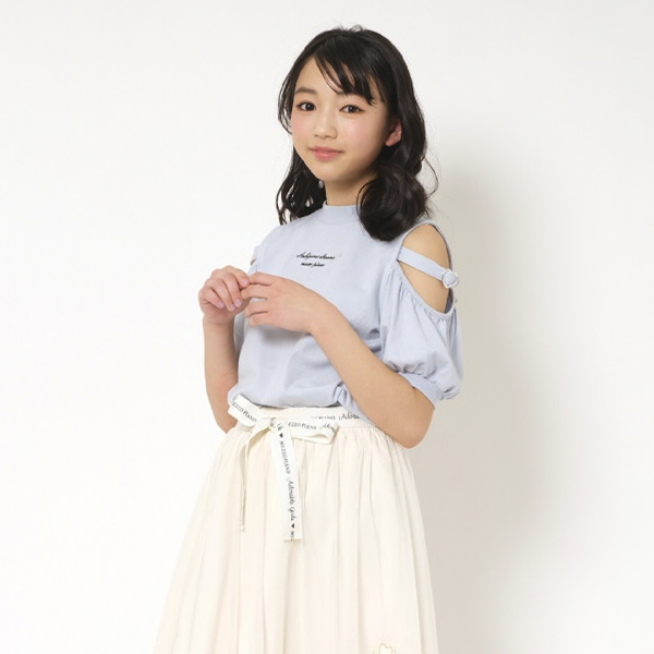 メゾピアノジュニア(mezzo piano junior)ハートバックル肩開きパフ袖Tシャツ | NARUMIYA ONLINE（ナルミヤ）