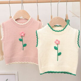 子供服 ベスト キッズベスト 女の子 ベビー服 ニットベスト フラワー刺繍 花柄 赤ちゃん 袖なし 可愛い かわいい 春 秋 冬 アウター トップス 韓国スタイル おしゃれ ガールズ 子ども服 キッズ 1歳 2歳 3歳 ホワイト ピンク 80 90 100