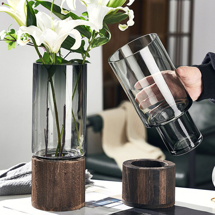 楽天市場 花瓶 ガラス 木製 フラワーベース 北欧 おしゃれ 花器 透明 ブラック 大きい 花びん シンプル 可愛い かわいい レトロ 円柱 円形 生花 生け花 ドライフラワー 一輪挿し インテリア リビング 玄関 高さ26cm Natty Company おしゃれ雑貨 花瓶
