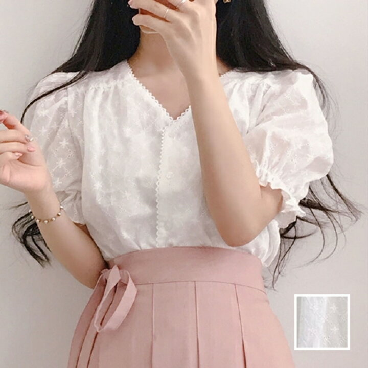 楽天市場 レビューでプレゼント 韓国 ファッション レディース トップス ブラウス シャツ 韓国 春 夏 カジュアル お取り寄せ Ptxi402 オルチャン ファッション コーデ シンプル 定番 セレカジ 代 30代 40代 22 パンチングレース 刺繍 シアー パフスリーブ