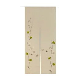 春夏冬おしゃれ花柄刺繍入りの麻風のれん(グリーン刺繍, 幅72x180丈)