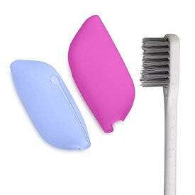 2x 歯ブラシ ヘッドカバー - 換気口付き 歯ブラシケース シリコン - 旅行 出張 に 青色/ダークピンク