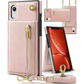 iphone XR ケース手帳型 iphone XRスマホ ケース 財布型 iPhone XR適用 携帯ケース 肩掛け 首かけ 斜めがけ ショルダー アイフォンXR ケース手帳型 背面 カード収納 ストラップ付き 上下開 長さ調整可能 ピンク