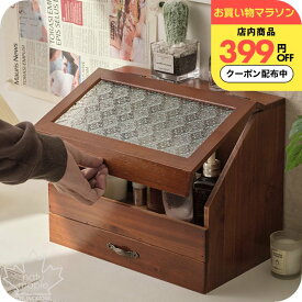 "エモすぎて罪" アンティークガラス メイクボックス 木製 [ 予約販売 ナチュメイプル ] コスメ収納ボックス 大容量 鏡付き ナチュラル おしゃれ かわいい 送料無料 持ち運び便利 カントリー調 卓上 化粧品収納 メイク道具入れ 化粧箱 誕生日プレゼント 女友達 女性