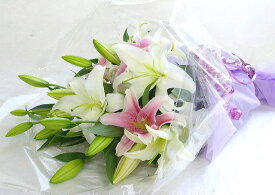 ユリ5本の花束 仏花 お供え 花花束 仏事 お墓参り 鮮度保持剤 春彼岸 秋彼岸 命日 法事 お彼岸 お盆 RCP メッセージカード無料 楽ギフ_メッセ入力
