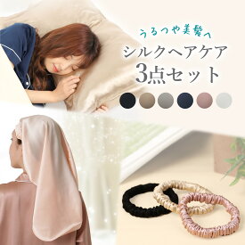 ＼シルクヘアケア3点セット／ シルク枕カバー ナイトキャップ ヘアゴム3個 レディース シルク ロング ヘアケア 美髪 うるつや髪 就寝用 ギフト プレゼント SEAWIND
