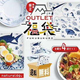 natural69 波佐見焼 【 アウトレット 福袋 】 cocomarine 小丼＆正角皿 4点セット / ナチュラル69 はさみ焼き 食器 皿 鉢 ココマリン ジンベイザメ マンタ 魚 海 電子レンジ対応 日本製 おしゃれ かわいい 北欧 和食器 陶磁器 福箱 2025 2026 おすすめ ナチュラルロック