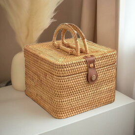 籐 ピクニック バスケット 英国風 ふた付き 四角 ベトナム カゴバッグ アタバッグ ラタンバスケット かご 蓋付き バスケット 収納 ラタン おしゃれ ラタンバッグ かごバッグ アタかご シンプル 手作りバッグ サークルバッグ