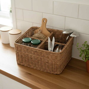 \10/30は20%OFF+P5倍/ ラタン収納バスケット 仕切り付きバスケット 収納かご 収納ボックス 収納ケース 4分割バスケット キッチン収納 洗面所収納 デスク整理 野菜 衣類 洋服 棚 物入れ 大き