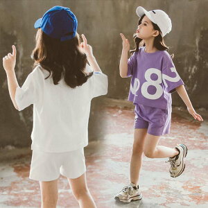 スポーツウェア レディース キッズ セット トップス パンツ 半袖 Tシャツ 短パン 文字柄 上下 2点セット 子供服 子ども服 女の子 セットアップ 体操服 運動服 日常 普段着 部屋着 パジャマ ル