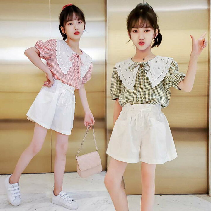 楽天市場 子供服 子ども服 女の子 夏 夏服 カジュアル ナチュラル 半袖 シャツ ブラウス チェック柄 レース 折り襟 バフ袖 短パン ショートパンツ 可愛い かわいい レディース ジュニア 姉妹服 お揃いコーデ 2色選べる カジュアルウェア Natureandtree楽天市場店