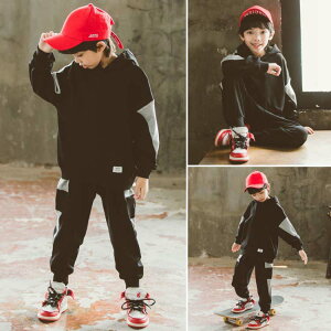 スポーツウェア メンズ ジュニア キッズ セット 子供服 子ども服 男の子 セットアップ スウェット 長袖 パーカー フード付き 長ズボン 上下セット 2点セット 黒 運動着 ヒップホップ衣装 部