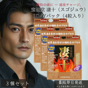 宝仙堂 凄十 スゴジュウ 1dayパック 4粒入 ×3個セット │ 活力サプリ 精力サポート 滋養強壮 栄養補給 高麗人参 すっぽん 牡蠣 エゾウコギ アミノ酸 元気 男性用サプリ エナジー 日本製 栄養機