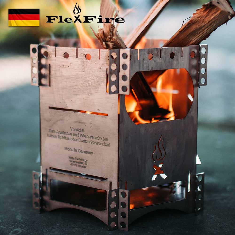 FlexFire6 フレックスファイヤー グリルプレート セット ドイツ製 コンパクト 携帯 焚き火台 コンロ 薪 炭 アルコール ストーブ 固形燃料  ガス エアフロー 五徳 バーベキュー グリル ソロキャンプ 父の日 プレゼント | グラビテージ