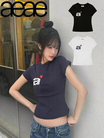 【SALE 40%OFF手取り価格5028円】配送無料★ [aeae] DOT SMALL LETTER TEE エーイーエーイー 半袖 Tシャツ シャツ クロップド ショート タイト スリム チビT ラウンドネック 丸襟 コットン 綿 韓国 レディース ロゴ 無地 白 ネイビー グレー かわいい 人気