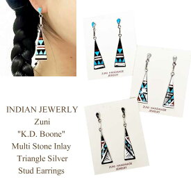 インディアンジュエリー ズニ族 "K.D. Boone" マルチストーン インレイ スタッド ピアスINDIAN JEWERLY Zuni "K.D. Boone" Multi Stone Inlay Triangle Silver Stud Earrings