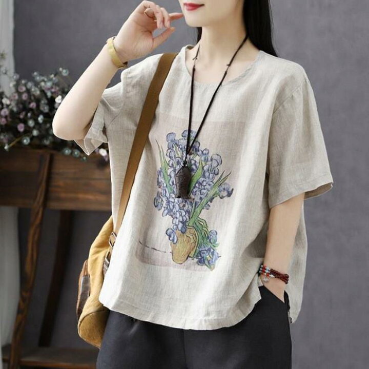 楽天市場】Tシャツ レディース 半袖 夏服 綿麻風 リネン トップス 丸首 