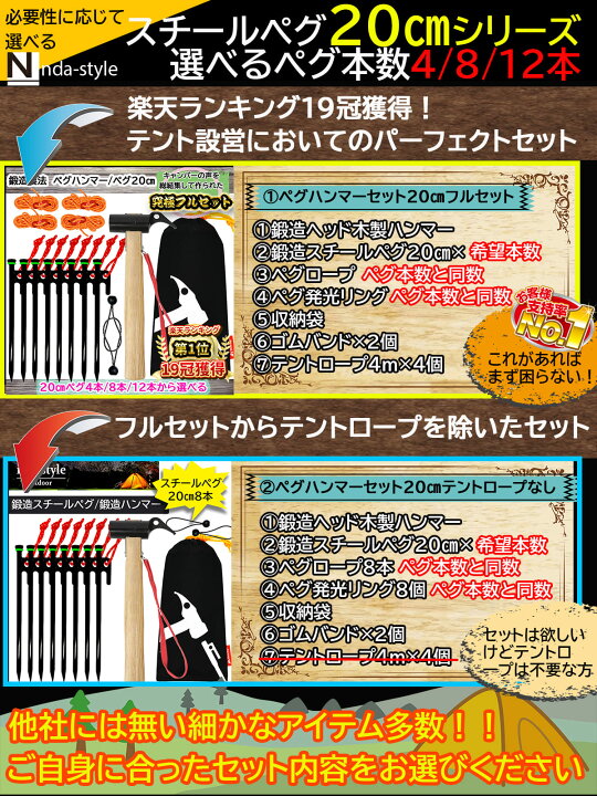 楽天市場】【楽天1位19冠】【鍛造強化】選べるセット 20cm ペグ テント用 ペグハンマー セット 鍛造強化 木製ハンマー 鍛造ペグ 20センチ 4本  8本 12本 発光テントロープ4m キャンプ用品 鍛造 テントペグ 杭 タープ ハンマー 収スチールペグ キャンプ : ndastyle nda-style 【ヘッド強化鍛造製法】ペグ ハンマー ペグ 20㎝×8本/30㎝×8本 収納袋1個 テント ロープ 4m×4m