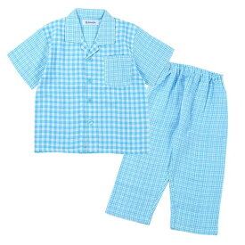 [PAJAMA FAMILY] [パジャマファミリー] パジャマ キッズ 2重ガーゼ 綿100％ 半袖 ギンガムチェック シャツ 前開き ブルー ネイビー 100-160cm