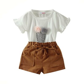[LittleSpring] キッズ 女の子 袖フリル Tシャツ ショートパンツ 上下 セットアップ 子供服 夏服