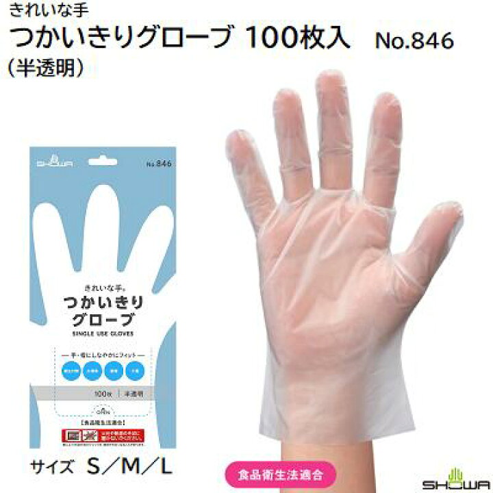楽天市場 きれいな手つかいきりグローブ １００枚入品番 ｎｏ ８４６ サイズ ｓ ｍ ｌ カラー 半透明 ボックスタイプ 食品衛生法適合 作業用手袋 ショーワグローブ株式会社 ｓｈｏｗａ ニコスト 金物