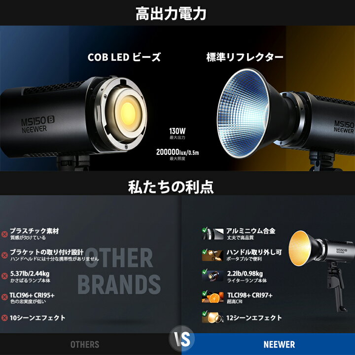 楽天市場】NEEWER MS150B 130W 二色LEDビデオライト ミニ軽量COBライト 