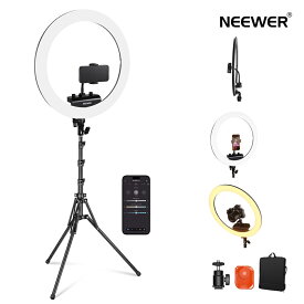 【P10倍+10%引クーポン】NEEWER 最新版-超薄型18インチリングライト アプリ制御可 撮影照明 撮影ライト 三脚スタンド+スマホホルダー+バッグ付 45W 2900K-7000K TLCI98 リモコンシャッター＆アプリ制御 メイクアップ/自撮り/YouTube/tiktok撮影用 RP18B Pro 黒/白