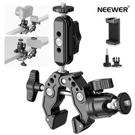 NEEWER スーパークランプ デュアルボールヘッドマジックアーム、ボールヘッドアダプター、コールドシュー、スマホホルダー、アクションカメラクランプマウント付き 平面/丸型表面用 DJI iPhone 15 Pro Maxに対応 ST58