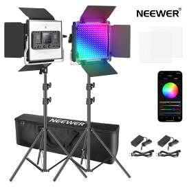 Neewer 2組660 RGB LEDビデオライト アプリ制御可 写真ビデオ照明セット スタンドとバッグ付き 2個調光可能LEDパネルライト CRI 95/3200K～5600K/0～100％輝度/0～360°フルカラー/9シーン選択