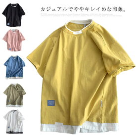 送料無料 半袖 Tシャツ トップス カットソー メンズファッション クルーネック ダメージ プリント 重ね着風 半袖Tシャツ 韓国 カジュアル メンズファッション トップス