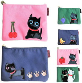 手作りワッペンの猫ポーチ マチなし フルーツキャット ナイロン|小物入れ マルチ 通帳 母子手帳 ケース フラット おもしろ ストロベリー チェリー グレープ バナナ 柄 猫グッズ 猫雑貨 小物 誕生日 猫好き プレゼント 女性 人気|