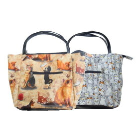 USAコットン ネコ柄 ビニールコーティング トートバッグ ファスナ― 猫グッズ 雑貨 好き プレゼント