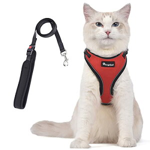 猫 猫用 ハーネス 胴輪 猫具 ねこ ネコ 子猫 子犬 小型犬 散歩 お出かけ 抜けない ベスト ソフト胸あて 軽量 頭を通さずマジックテープで装着 サイズ調節可 夜反射 通気メッシュ (M, レッド)