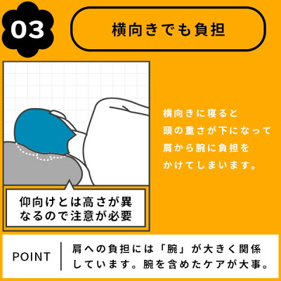 横向きに寝ると、頭の重さが下になって肩から腕に負担をかけてしまいます。肩への負担には、腕を含めたケアが大事。