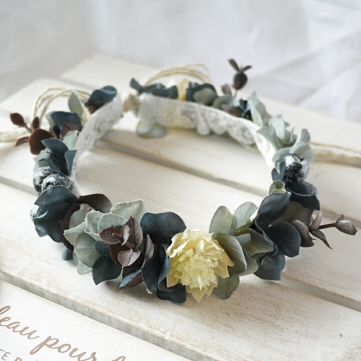 楽天市場 キッズ ベビー 花かんむり ブラックユーカリ 木の実花冠り 1 2 3 4 5 6 7 8歳 ヘアアクセサリー リボン調節 日本製 フォトスタジオ ブラック 赤ちゃん 子供 ドライフラワー フォーマル くすみ 送料無料 セレモニー モノトーン おしゃれ 80 90 100 110 1 130